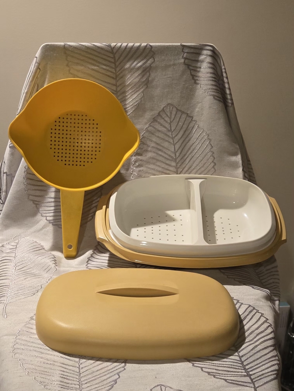 Vintage Marigold Tupperware Two-Compartment Steamer & Hand Held Strainer
